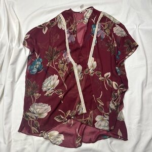 Emory Park Burgundy Floral Kimono with Lace Trim